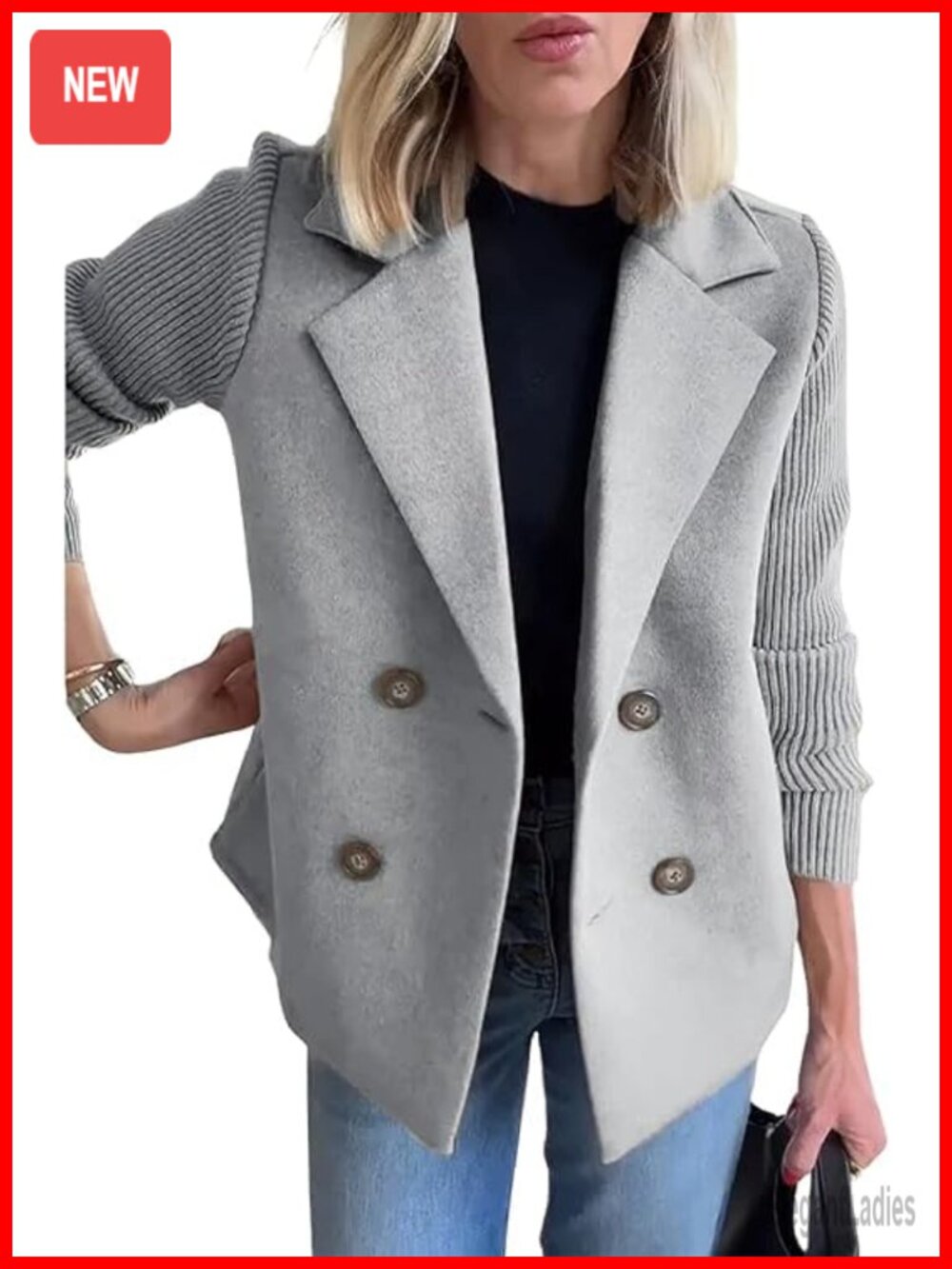 Cropped Wool Blend Knit Pea Coat Blazer Double Breasted Notch Lapel